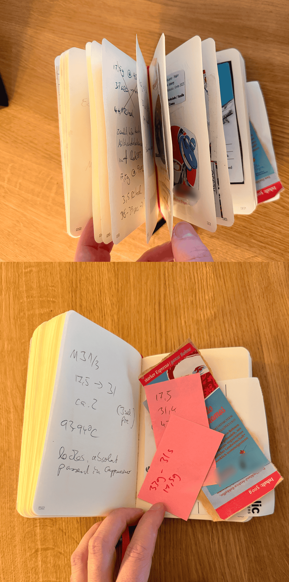 Chaotic espresso notes in a notebook